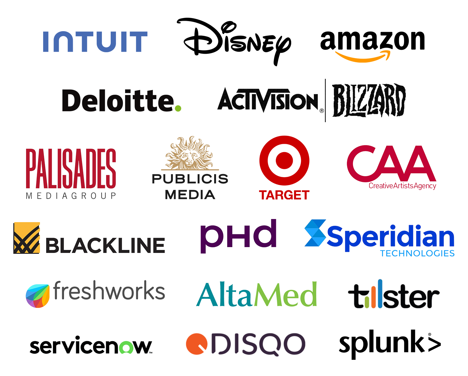 Collage of institutions logos including Activision | Blizzard, AltaMed, Amazon, Blackline, Creative Artists Agency, Deloitte, Disney, Disqo, Freshworks, Intuit, Palisades Media Group, PHD Worldwide, Publicis Media, ServiceNow, Speridian Technologies, Target and Tillster.